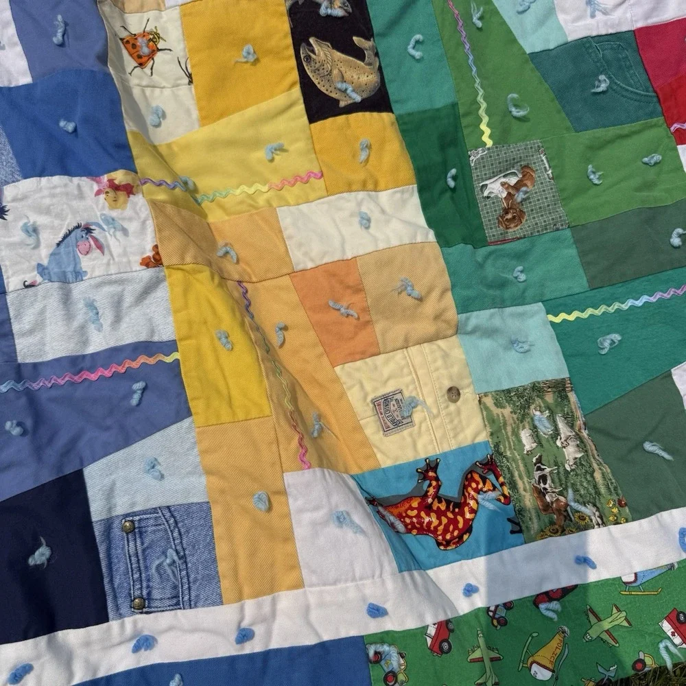 Vintage Handmade Patchwork Tied Quilt Upcycled Clothing Kids 52x63